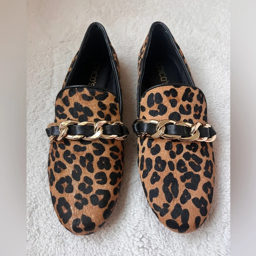 NWT Chico's Leopard Print Loafers with Gold Chain Women Size 7